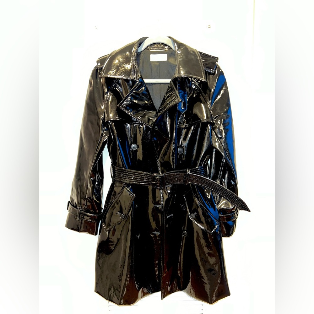 YSL Black Vinyl Belted Trench Coat